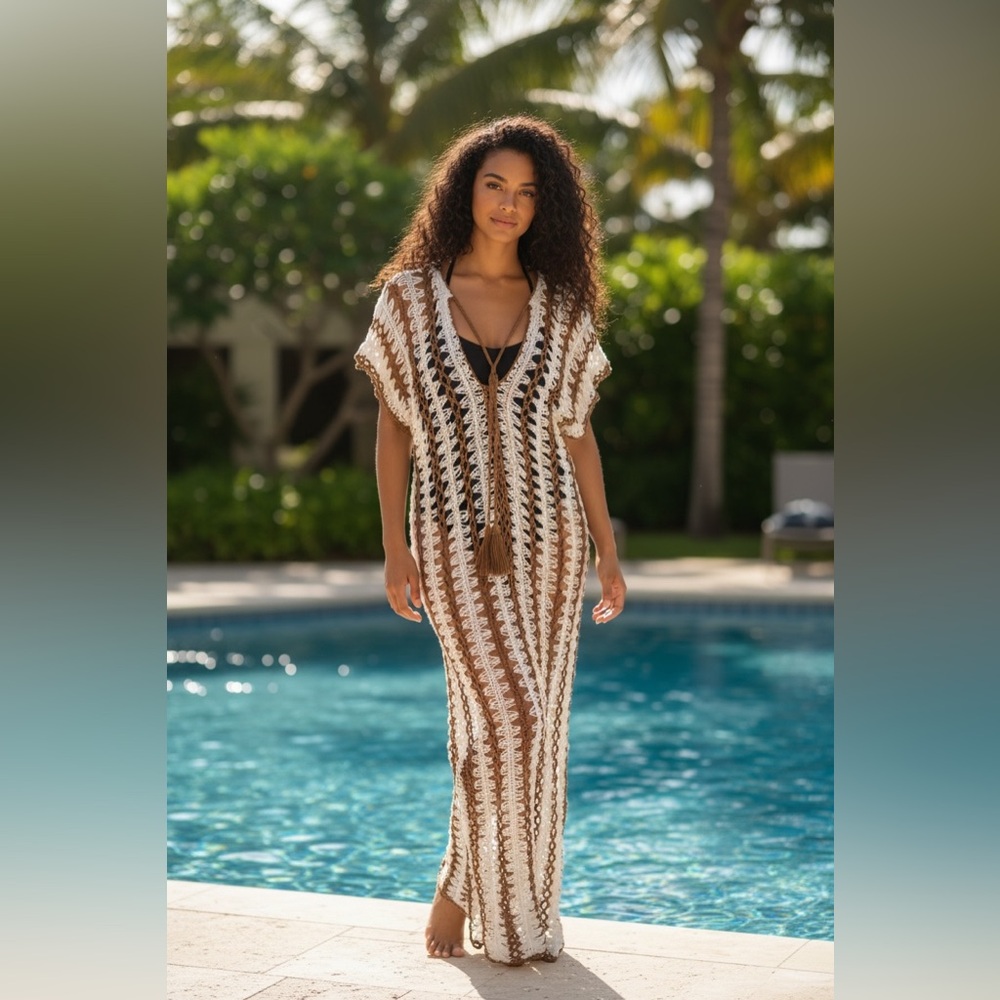 Crochet Cover-Up Dress in Cream and Brown